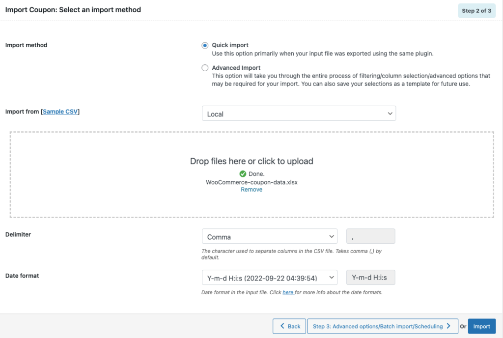 Sélectionnez l'importation rapide pour les coupons WooCommerce