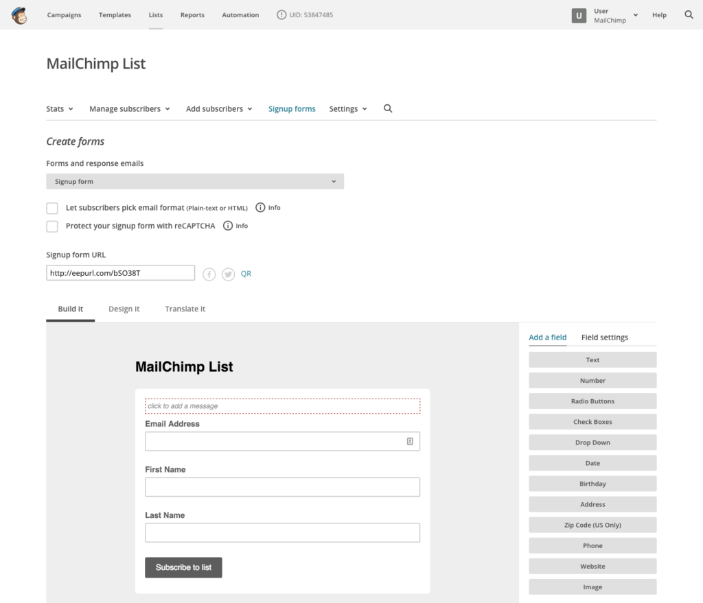 WordPress 的 MailChimp 列表仪表板