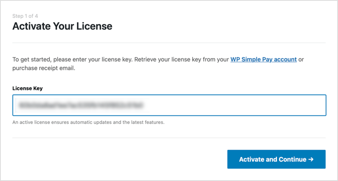 WP Simple Pay 라이센스 키를 입력하라는 메시지가 표시됩니다.