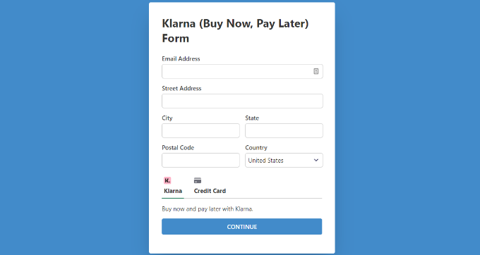 Klarna 결제 양식 전용 페이지 미리보기