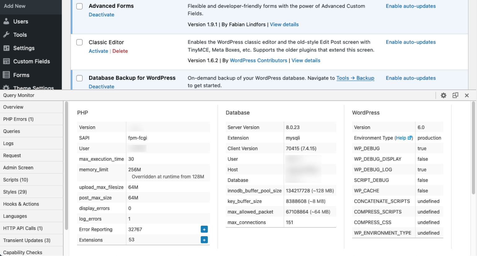 แผง "สภาพแวดล้อม" ของปลั๊กอิน Query Monitor แสดงค่าคงที่ wp-config ที่ใช้กันทั่วไป