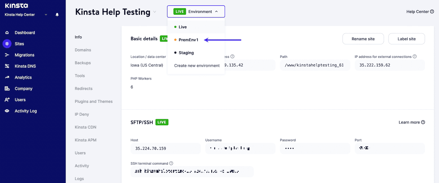 在 MyKinsta 中选择高级暂存环境。