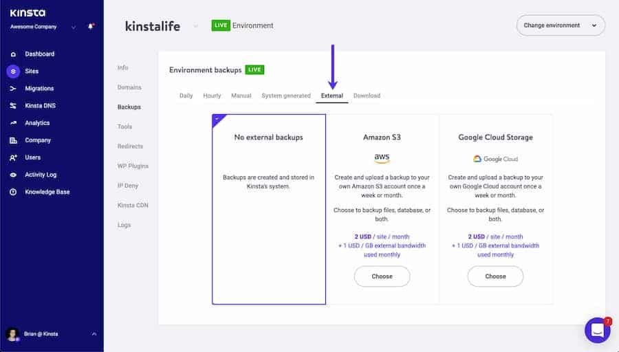 Kinsta 自动外部备份附加组件