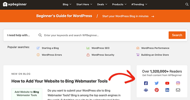 WPBeginner 侧边栏中的 WordPress 社交媒体图标