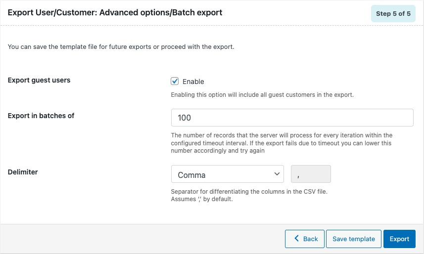 Options d'exportation avancées