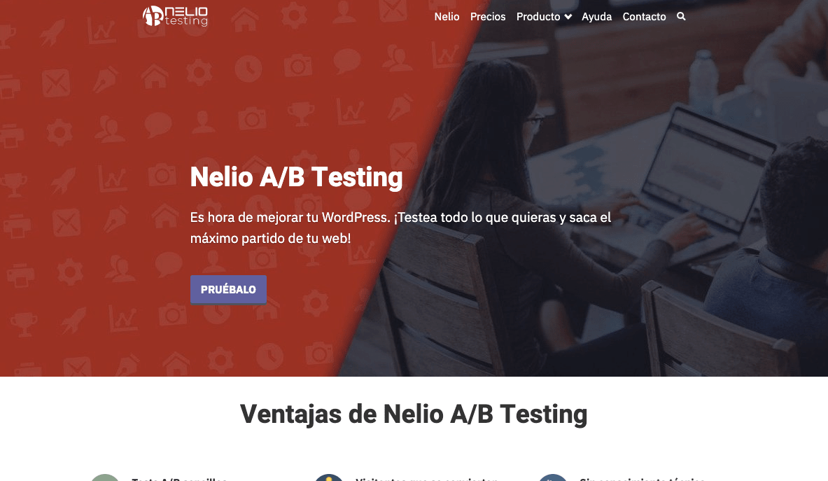 Nelio A/B Testing 홈 페이지의 첫 번째 접기 원본 버전입니다.