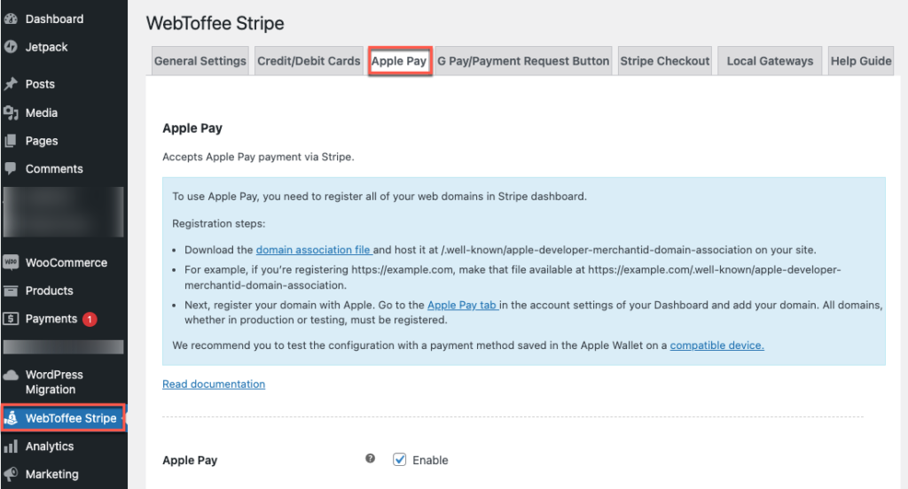 Onglet de paiement Apple de WebToffee Stripe