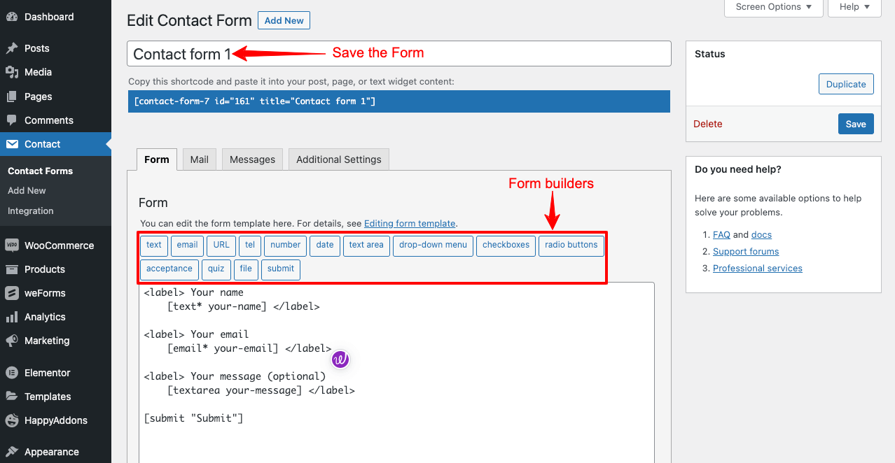 Build a form using weForms builder