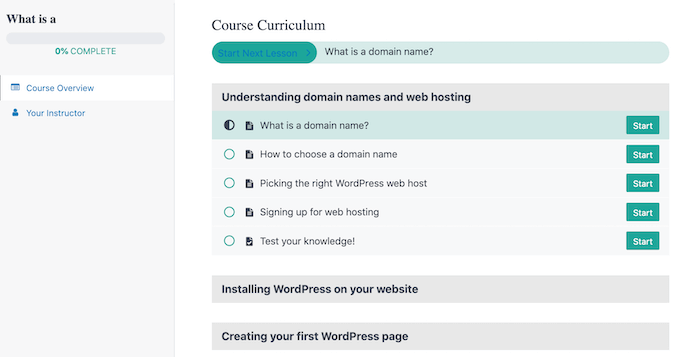 MemberPress LMS kullanılarak oluşturulan bir kurs müfredatı