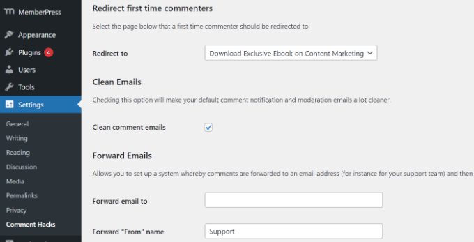 Configurer la redirection des commentaires