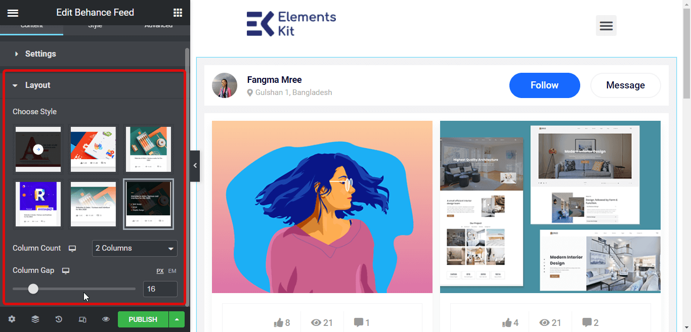 impostazioni di layout widget feed Behance di ElementsKit