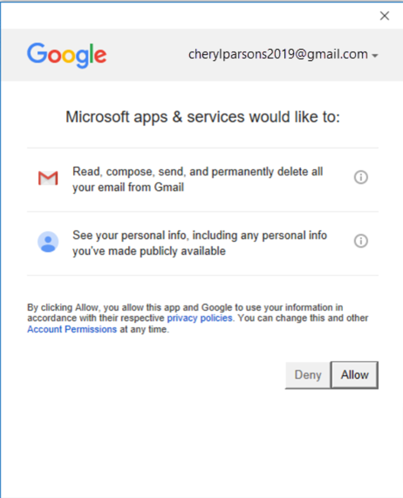 разрешить Gmail принимать Outlook