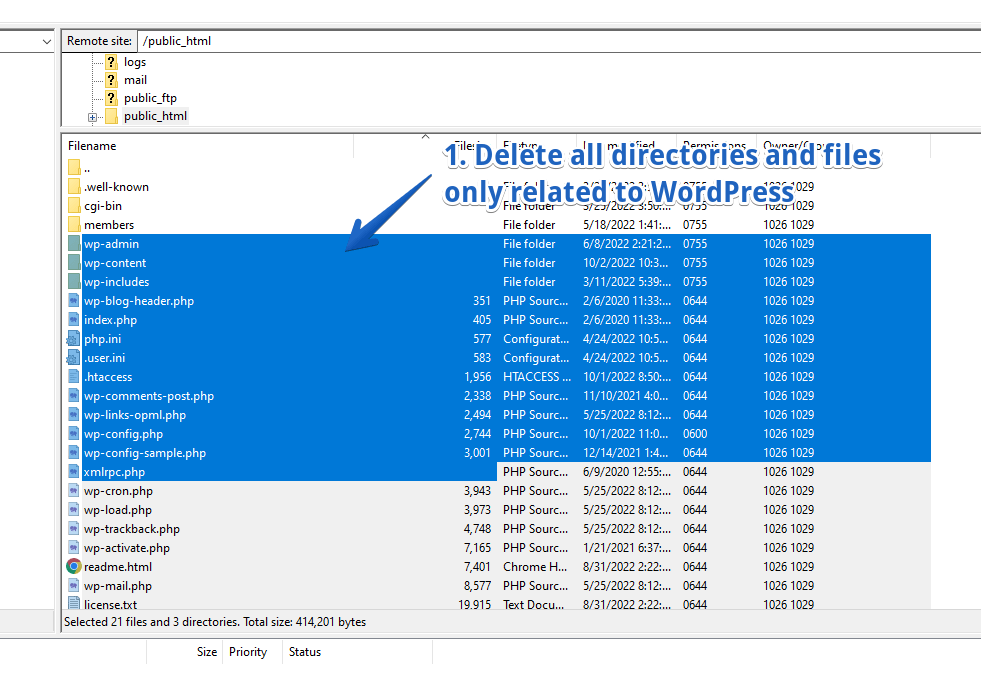 Usuń wszystkie pliki i katalogi związane z WordPress