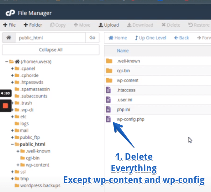 reinstalați WordPRes prin managerul de fișiere cPanel