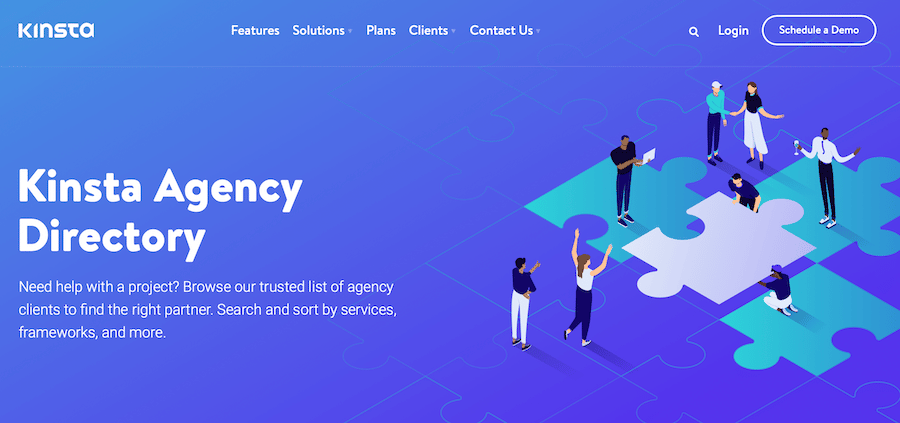 A página inicial do Kinsta Agency Directory.