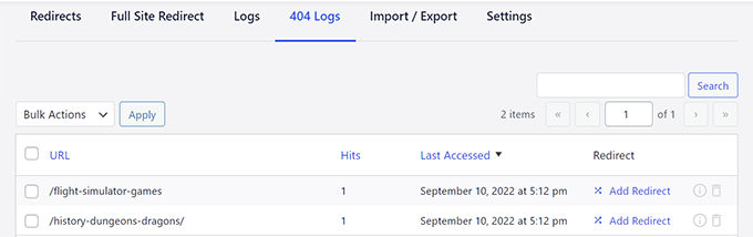 Registro de error 404 en AIOSEO