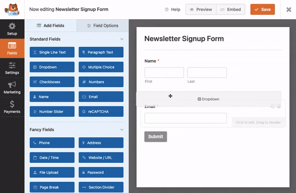 trascina e rilascia in wpforms