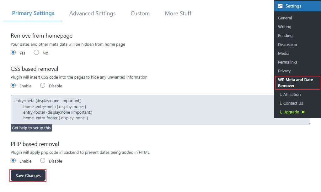 Настройки плагина WP Meta и Date Remover