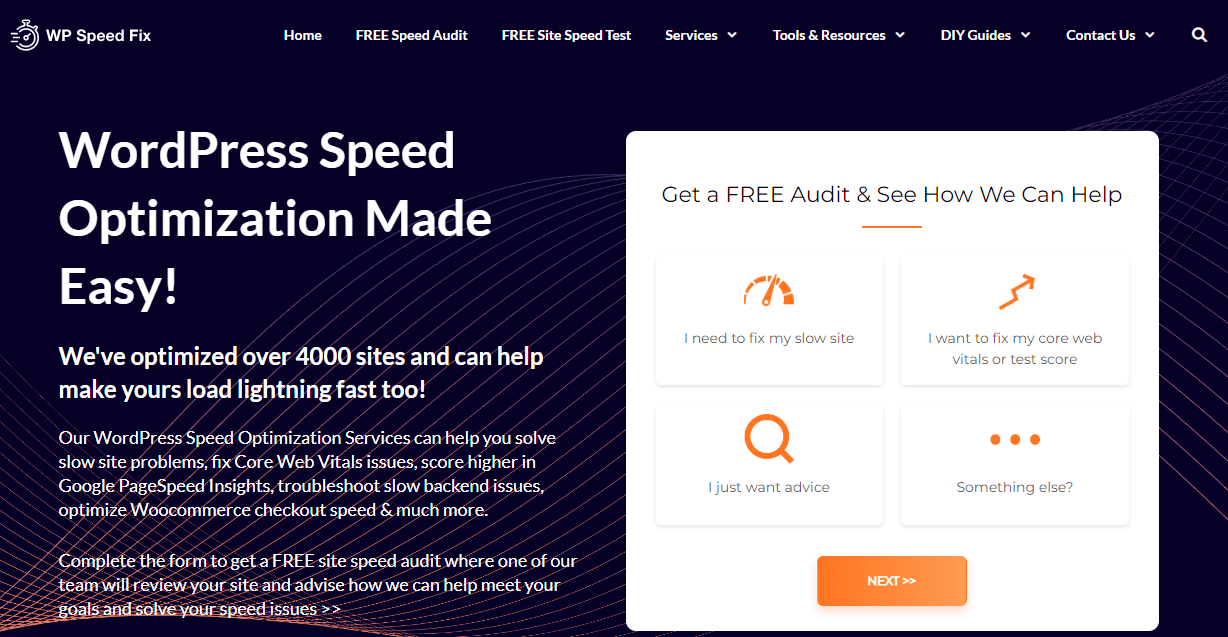 Página de inicio de WP Speed ​​Fix