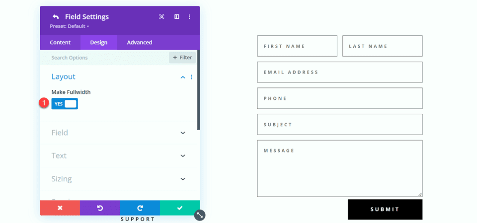 带有内联和全角字段的 Divi 联系表单布局 Layout 2 Make Fullwidth