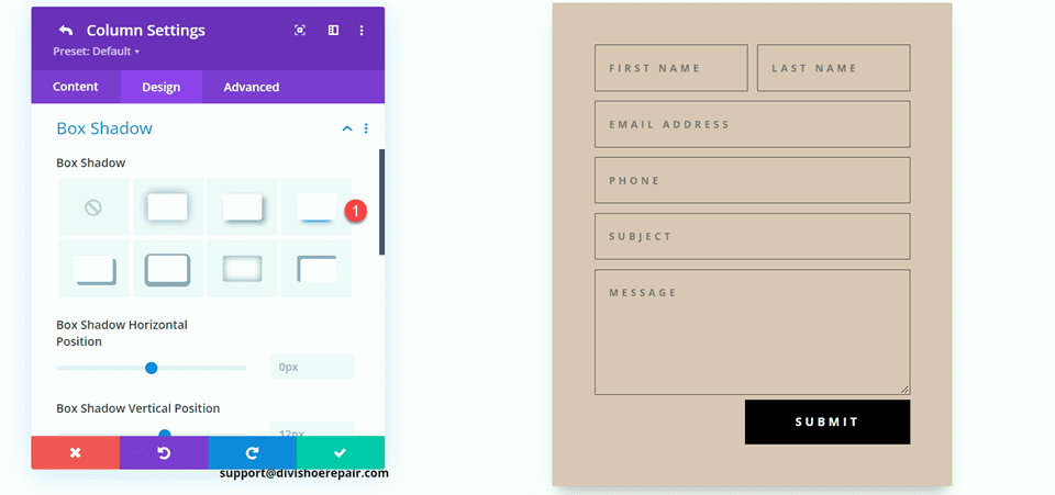 具有内联和全角字段布局的 Divi 联系表单布局 2 框阴影