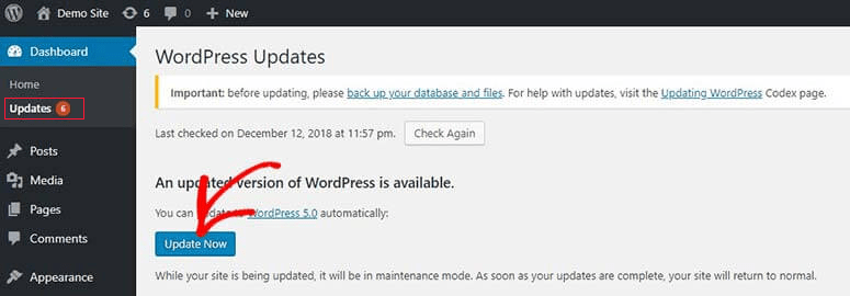 กำลังอัปเดต WordPress Core จากแดชบอร์ด