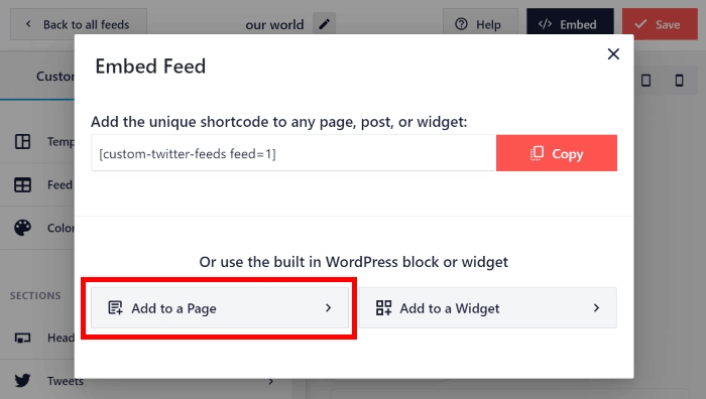Seleccione la página para incrustar el feed de Twitter en WordPress