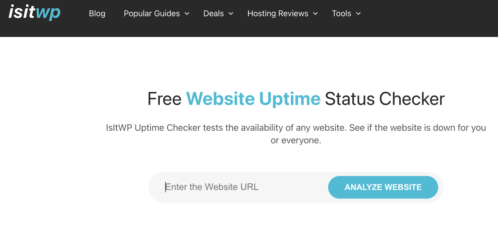 Pagina de pornire IsItWP Uptime Checker cu un câmp URL