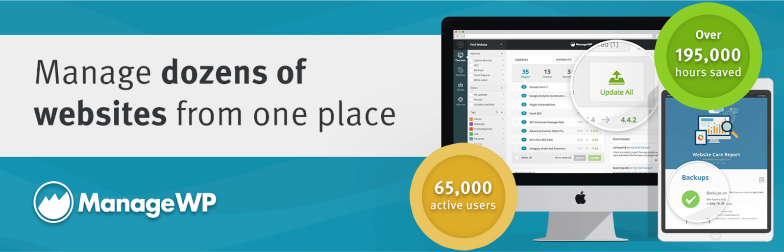 Image de héros ManageWP avec le slogan "Gérer des dizaines de sites Web à partir d'un seul endroit".