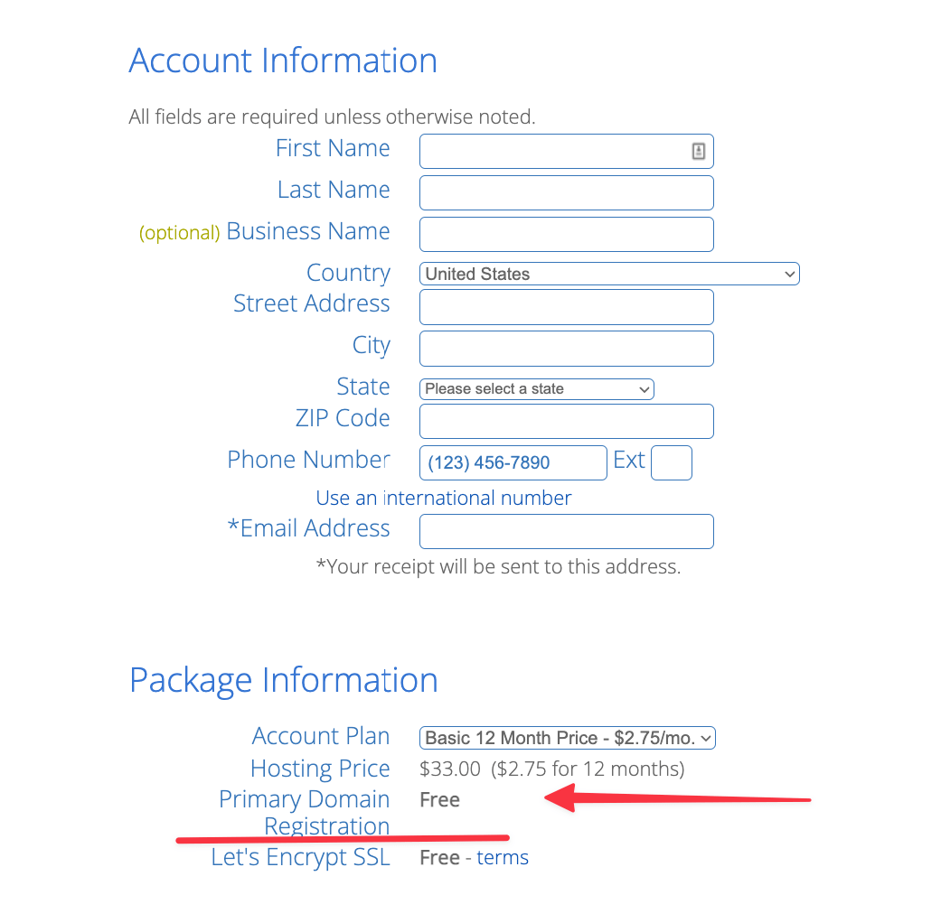 Bluehost: informacje, które musisz dodać, aby uzyskać nazwę domeny za darmo