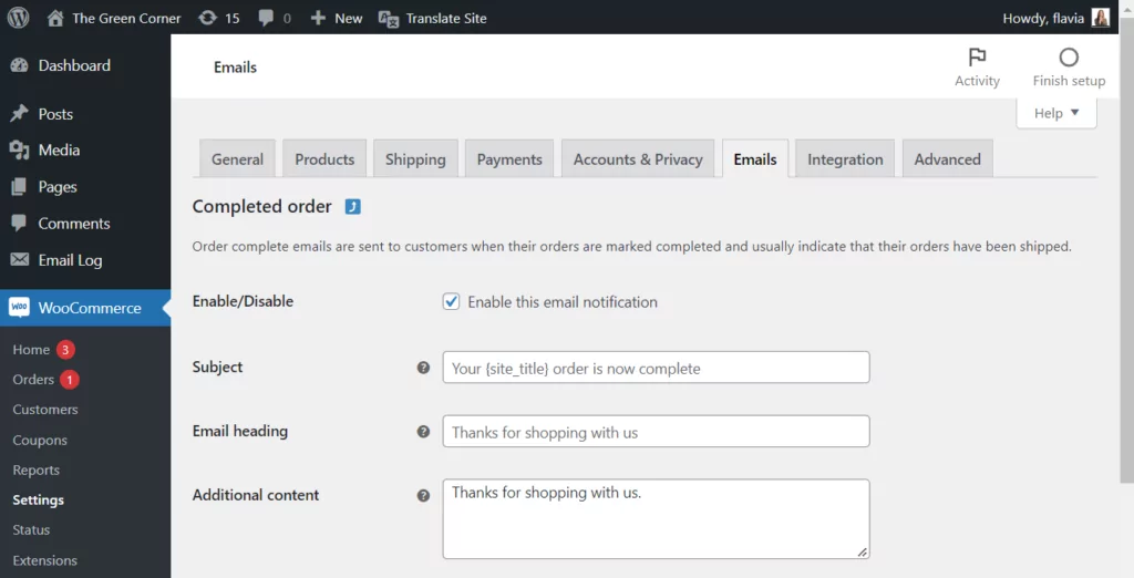 WooCommerce Email ordine completata