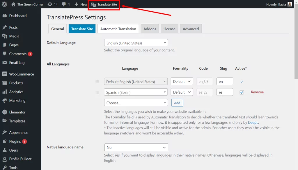 Membuka editor terjemahan TranslatePress dari dasbor WordPress