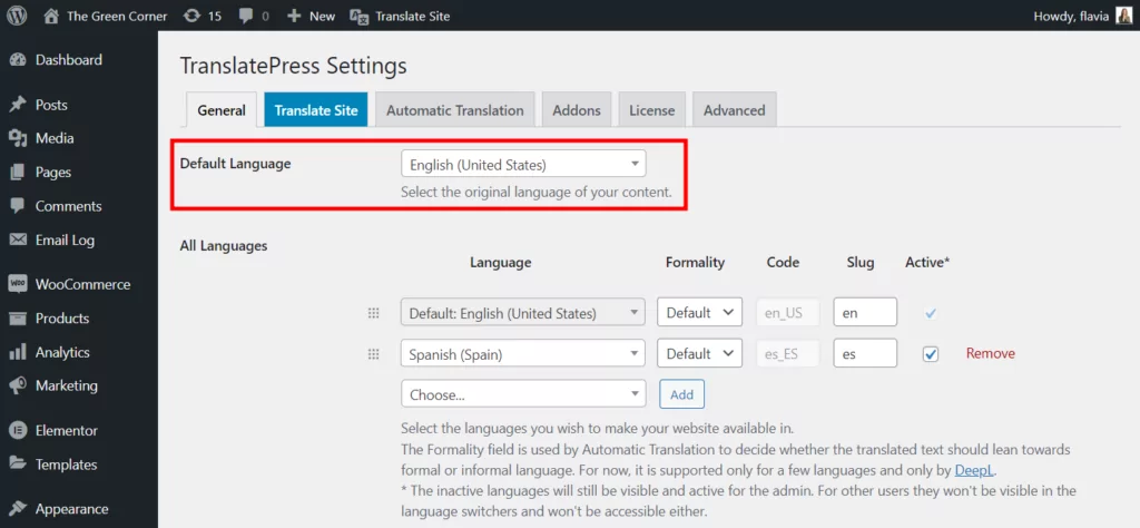 Configuración de idioma predeterminada de TranslatePress