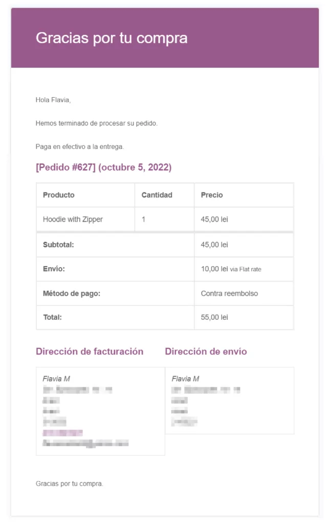 Traducción de correo electrónico de WooCommerce al español