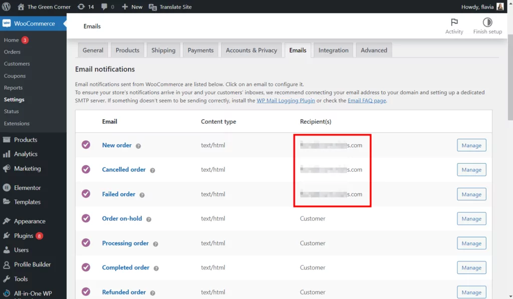 Gestione dei destinatari delle email di WooCommerce