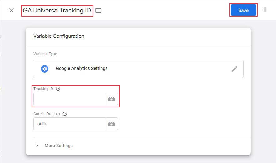 เปลี่ยนชื่อตัวแปรและป้อนรหัสติดตาม Google Analytics