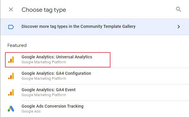 เลือกแท็ก Google Analytics เพื่อใช้ Google Tag Manager สำหรับการติดตาม