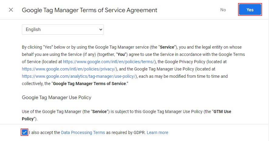 Aceite os Termos de Serviço do Gerenciador de tags do Google