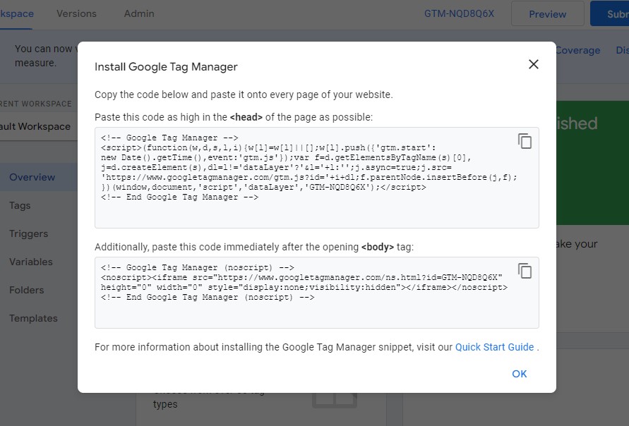 Codici di installazione di Google Tag Manager