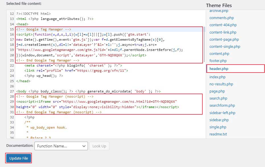 Aggiungi il codice di Google Tag Manager nel file header.php di WordPress Theme File Editor