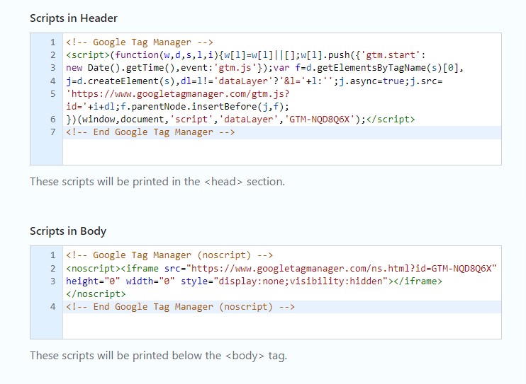 Copia e incolla il codice di Google Tag Manager in WP Headers and Footers Plugin WordPress