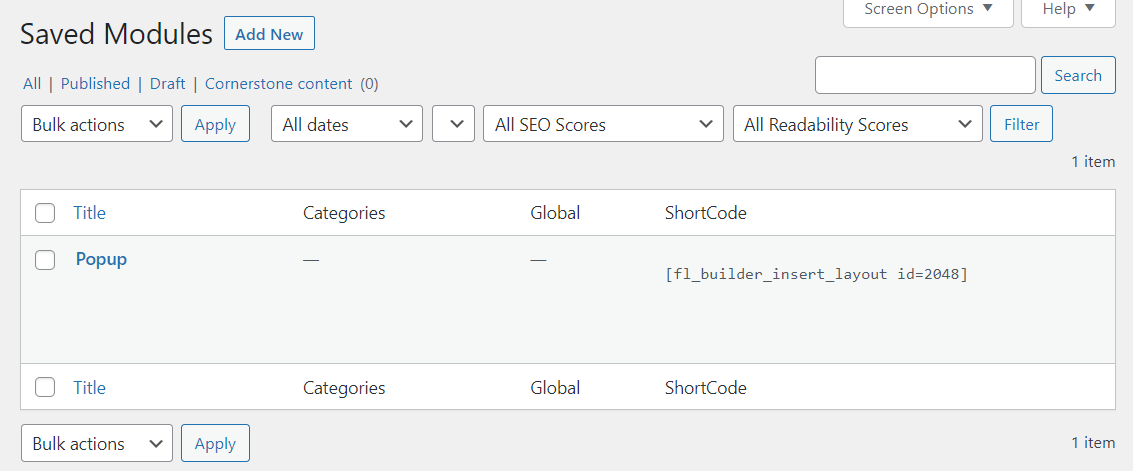 Obtendo o shortcode para o módulo salvo.