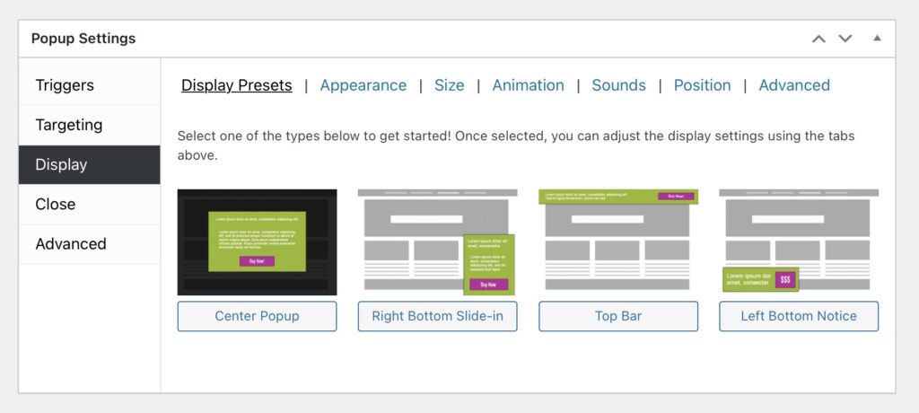 Mostrar ajustes preestablecidos de Popup Maker