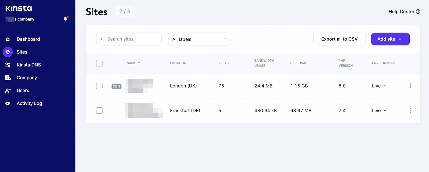 在 MyKinsta 儀表板中選擇一個站點