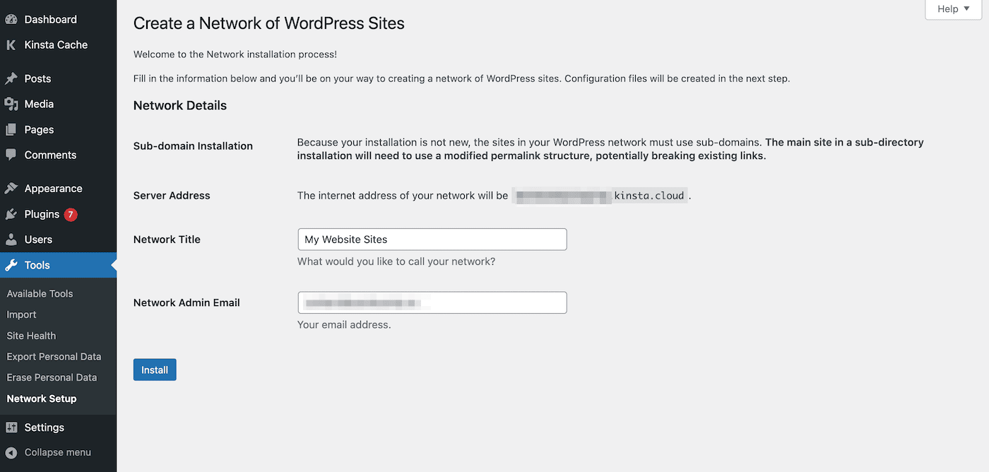 Configuration du réseau multisite dans le tableau de bord WordPress