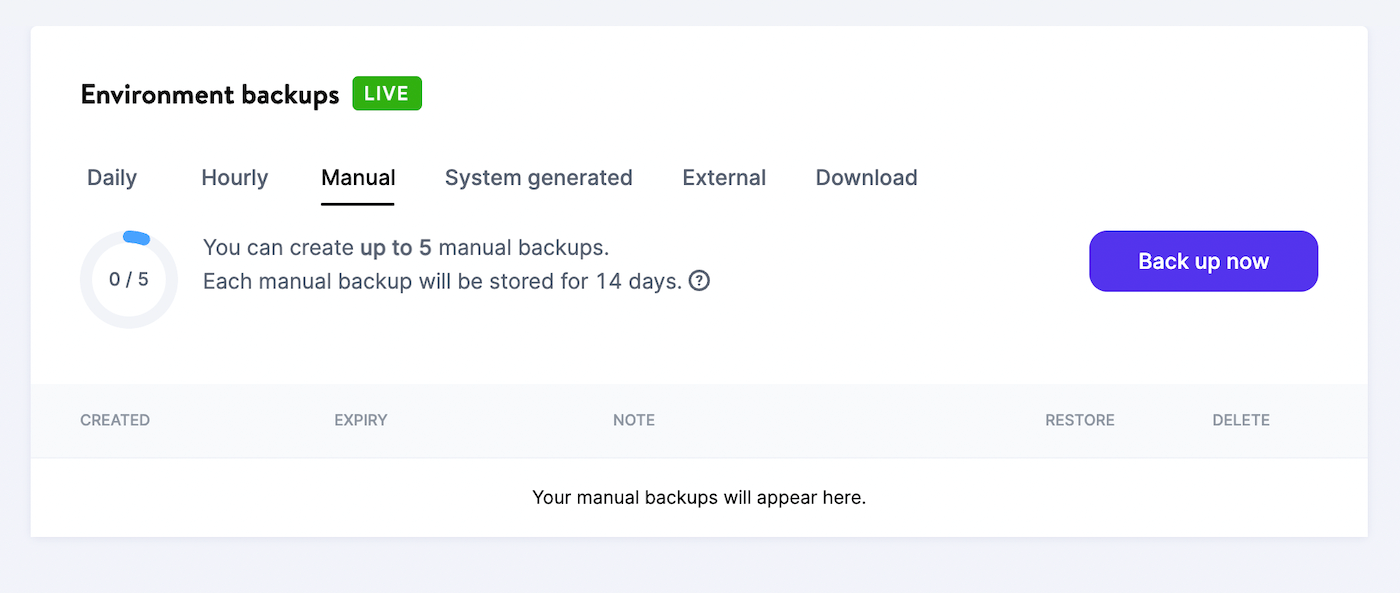 O vedere a backup-urilor manuale în MyKinsta