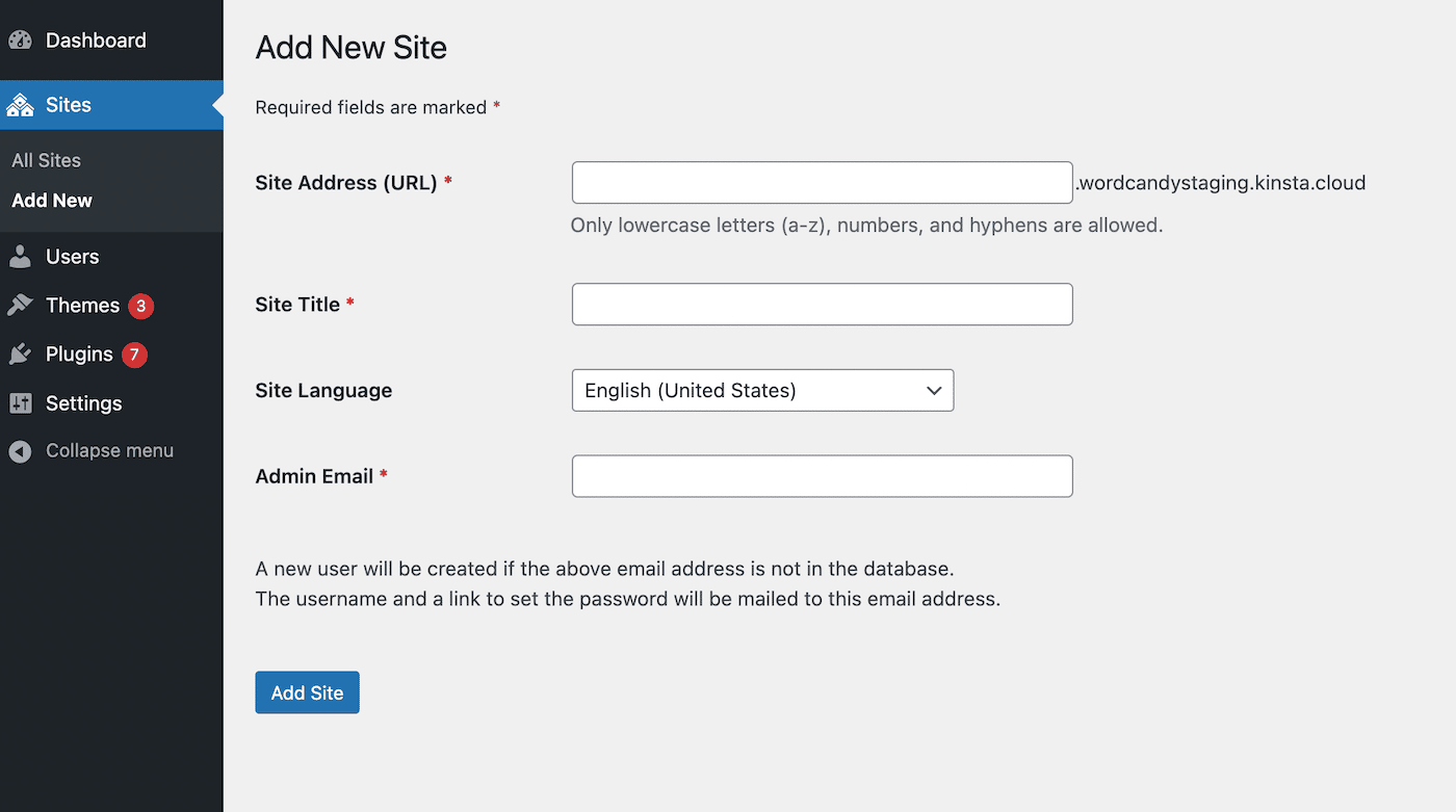 เพิ่มไซต์ย่อยใหม่ในแดชบอร์ด WordPress