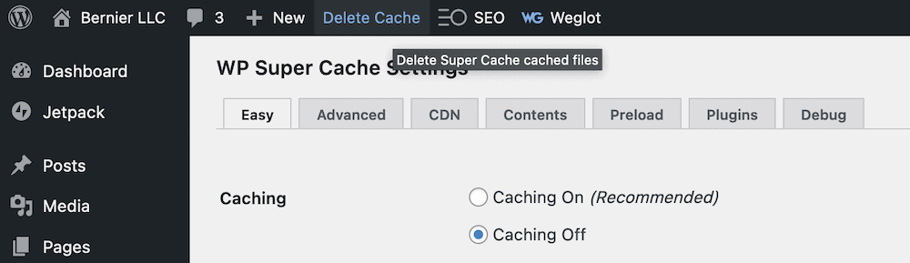 Le lien Supprimer le cache dans la barre d'outils WordPress.