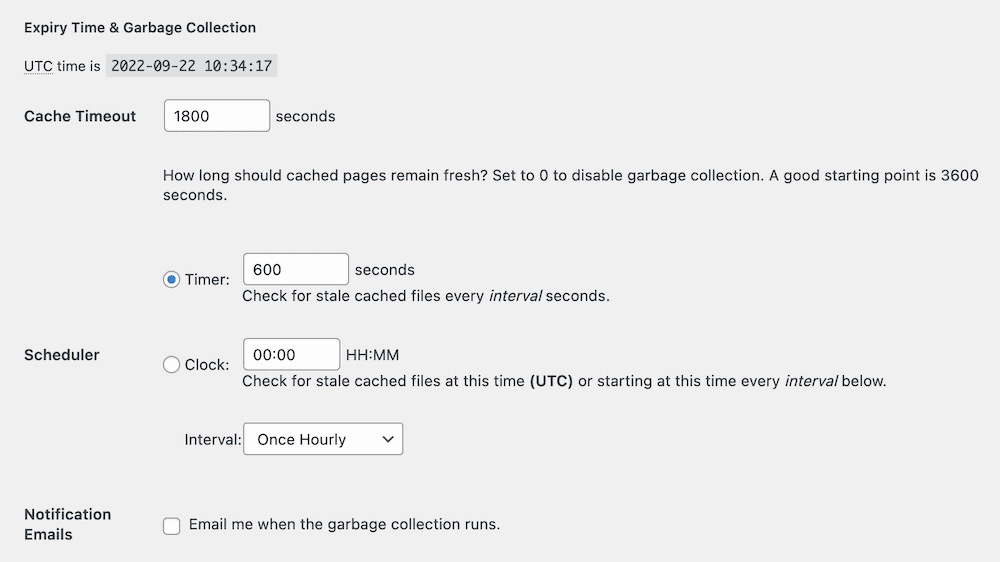 Impostazioni del tempo di scadenza di WP Super Cache.