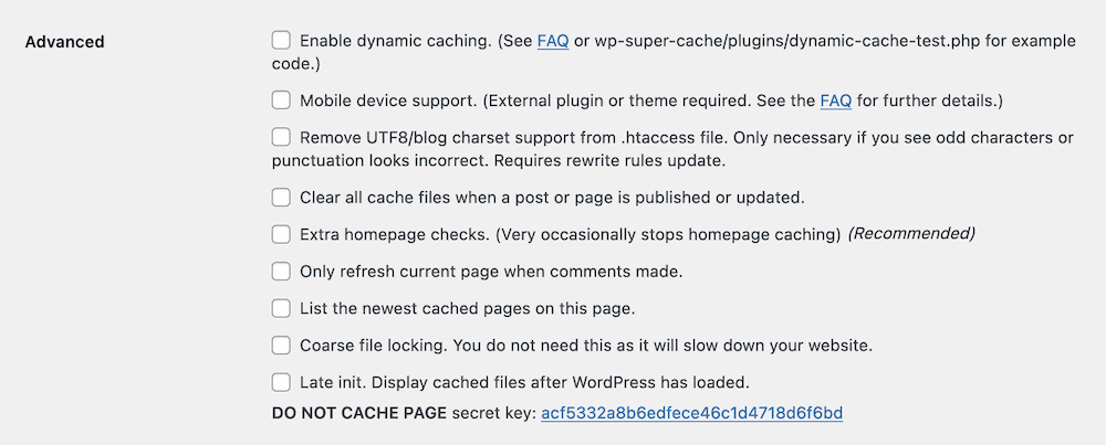 Karta Zaawansowane w WP Super Cache.